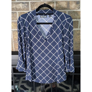 NY&C Womena Blue Checked Pattern Flutter Sleeve Stretchy Work Blouse Sz S Office